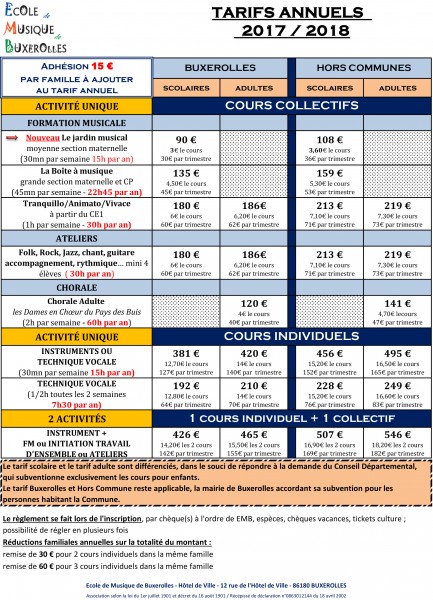 Tarifs 2017 2018